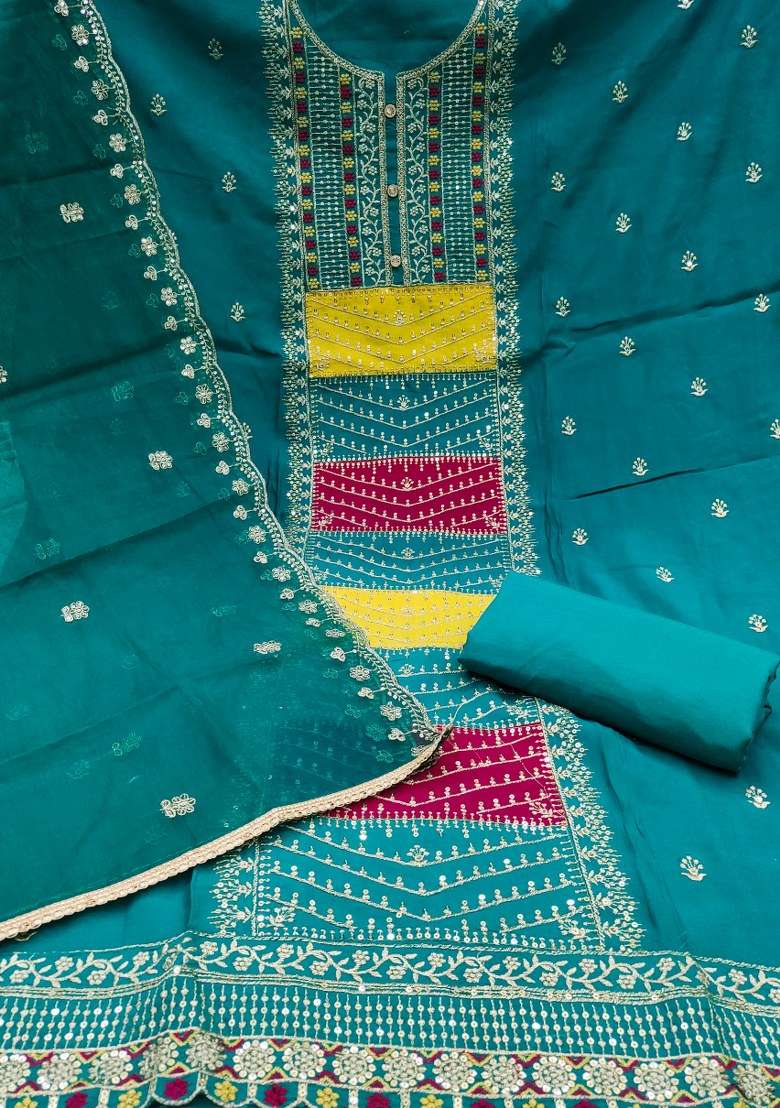 Teal Blue Embroidered Cotton Punjabi Suit - Indya