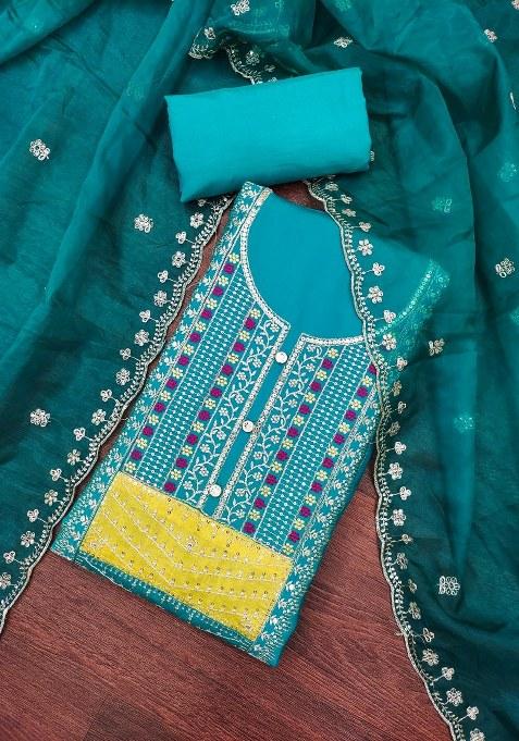 Teal Blue Embroidered Cotton Punjabi Suit