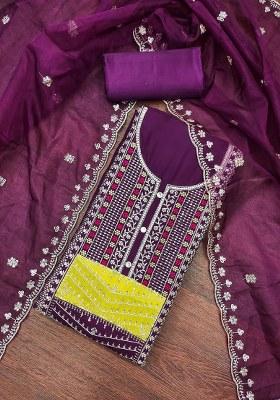 Purple Embroidered Cotton Blend Dress Material