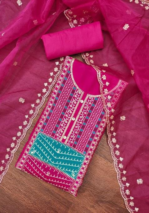Pink Embroidered Blended Straight Kurta Set