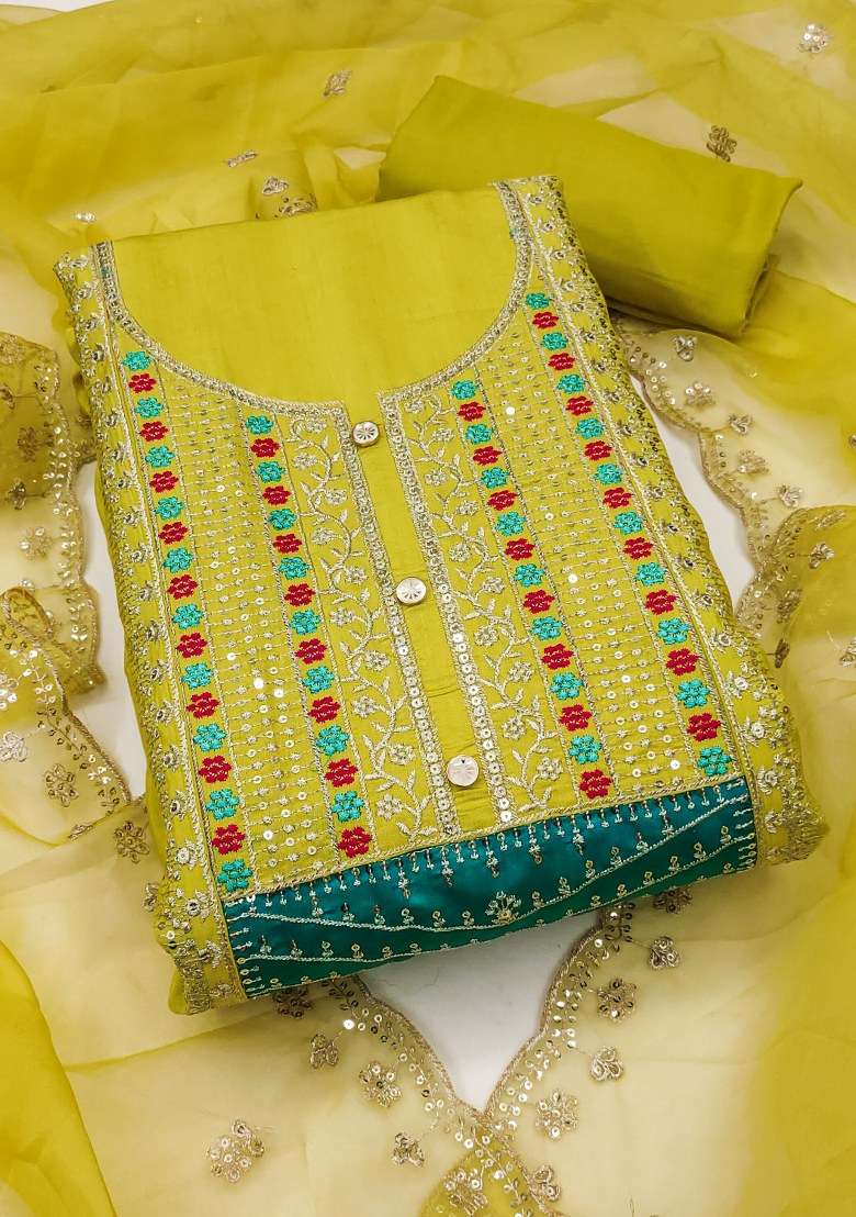 Mustard Embroidered Blended Straight Kurta Set - Indya
