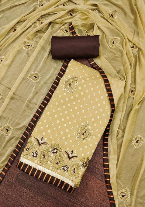 Beige Embroidered Cotton Blend Dress Material