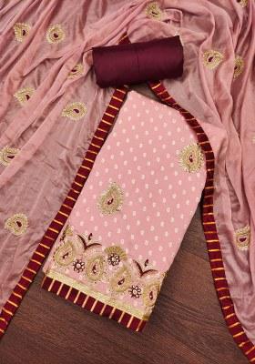 Peach Embroidered Cotton Blend Dress Material