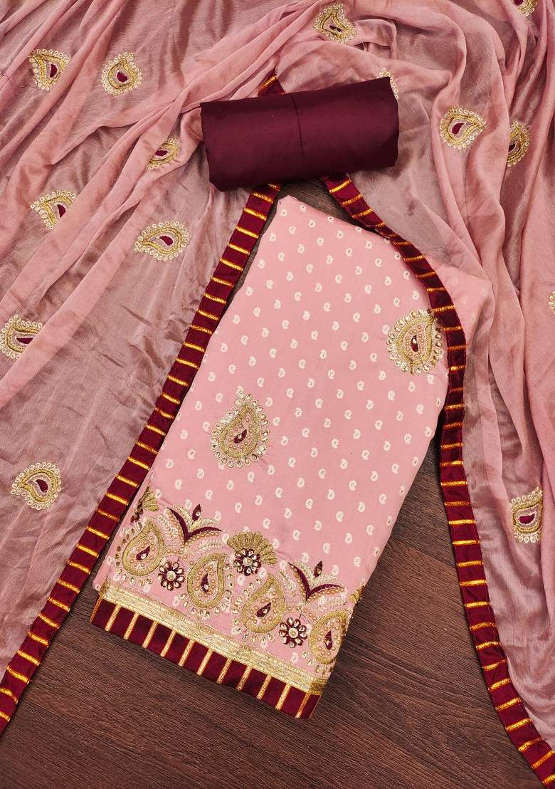 Peach Embroidered Blended Punjabi Suit - Indya