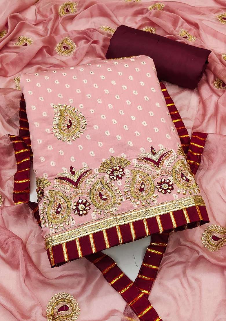 Peach Embroidered Blended Punjabi Suit - Indya