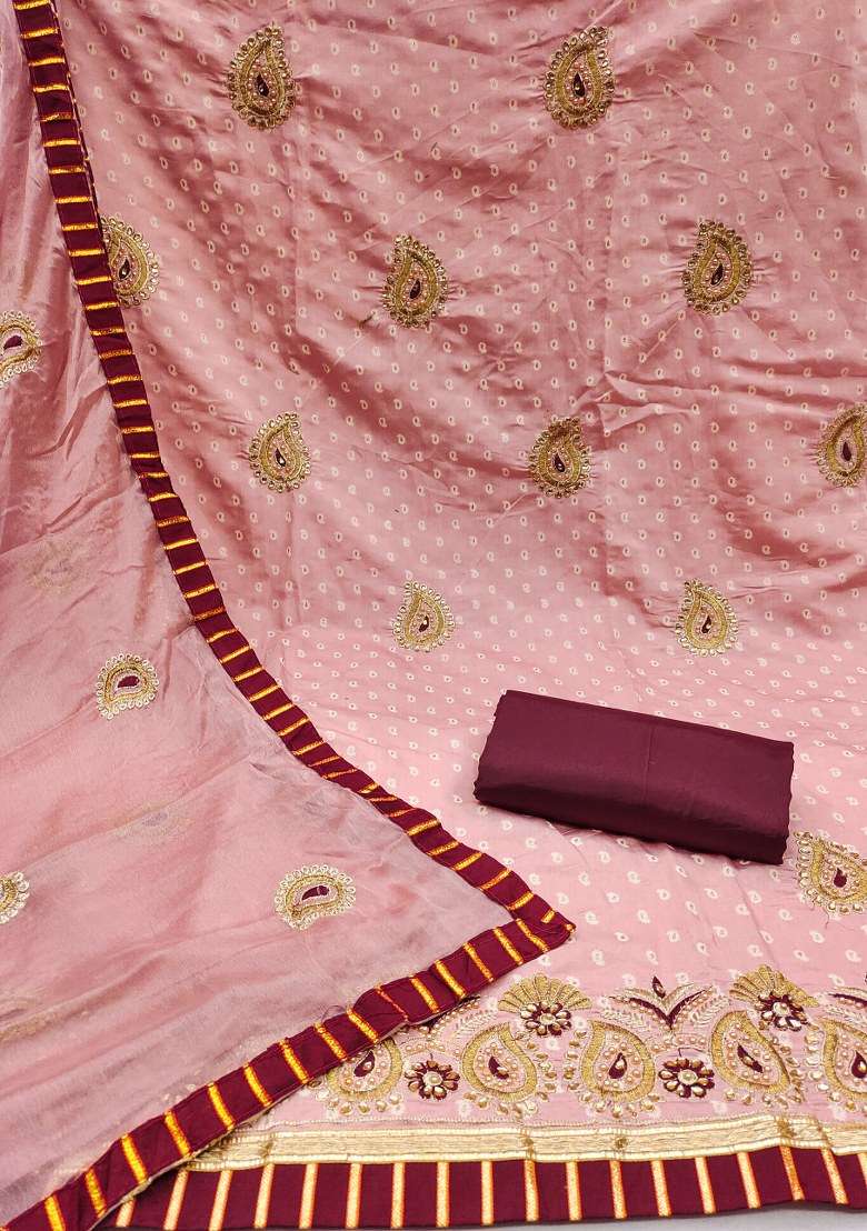 Peach Embroidered Blended Punjabi Suit - Indya