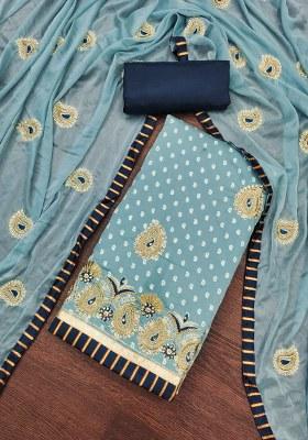 Sea Green Embroidered Cotton Blend Dress Material