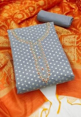 Grey Embroidered Jacquard Dress Material