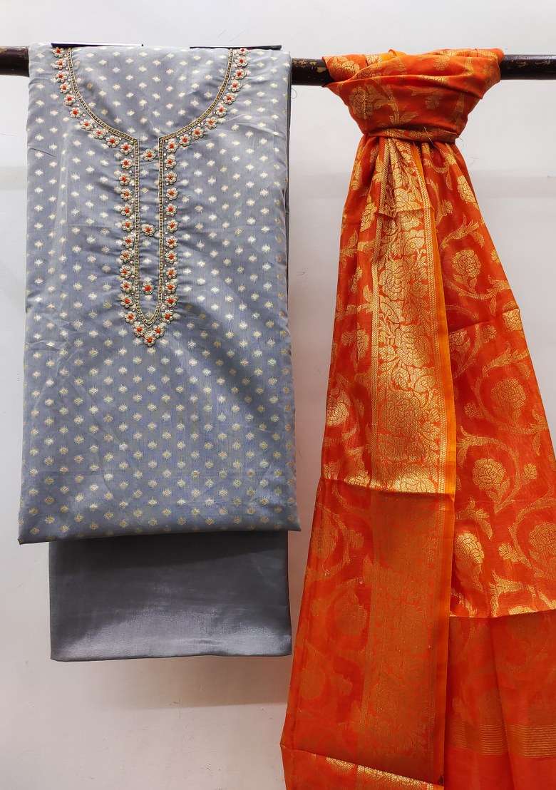 Grey Embroidered Jacquard Straight Kurta Set - Indya