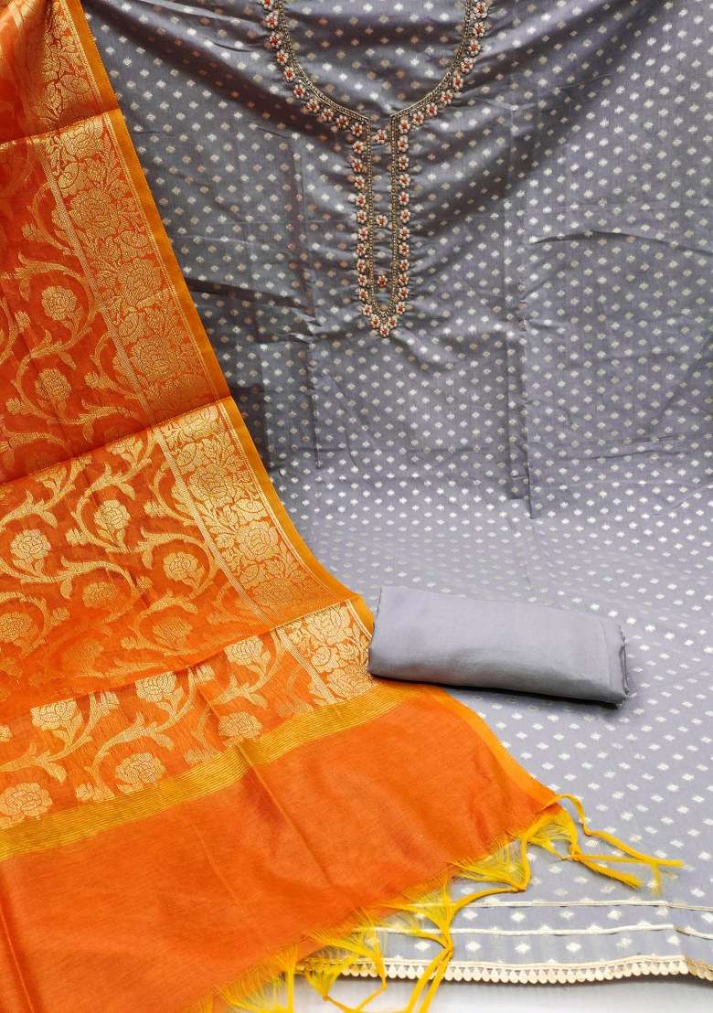 Grey Embroidered Jacquard Straight Kurta Set - Indya