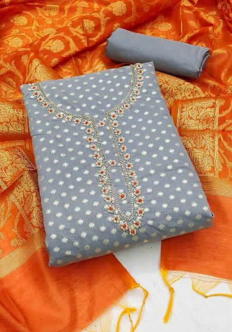 Grey Embroidered Jacquard Dress Material