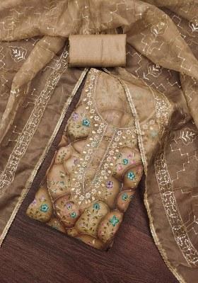 Multicolor Embroidered Oragnza Dress Material