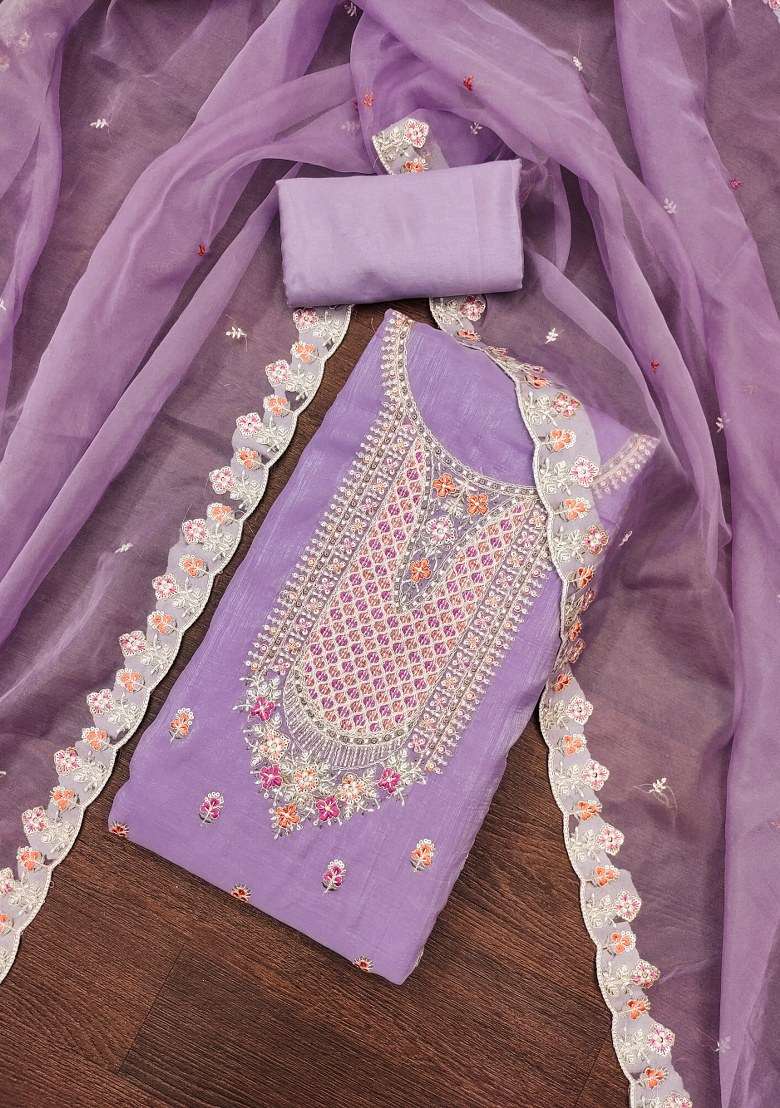Purple Embroidered Viscose Dress Material - Indya