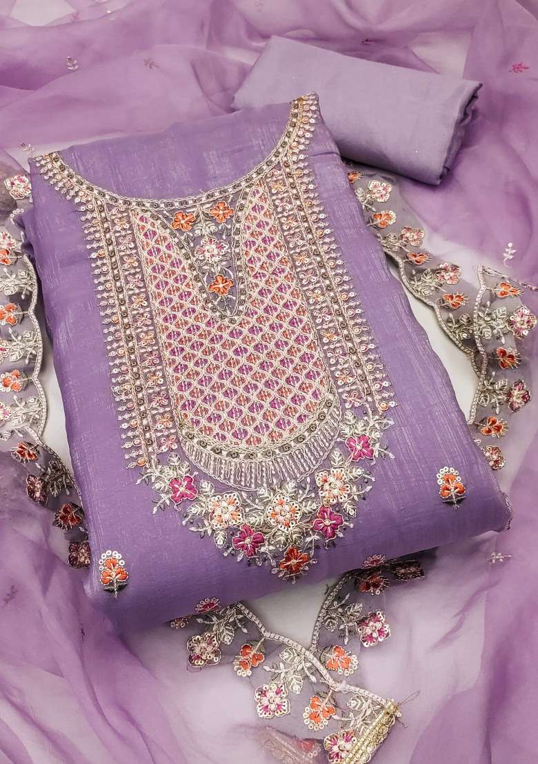 Purple Embroidered Viscose Dress Material - Indya