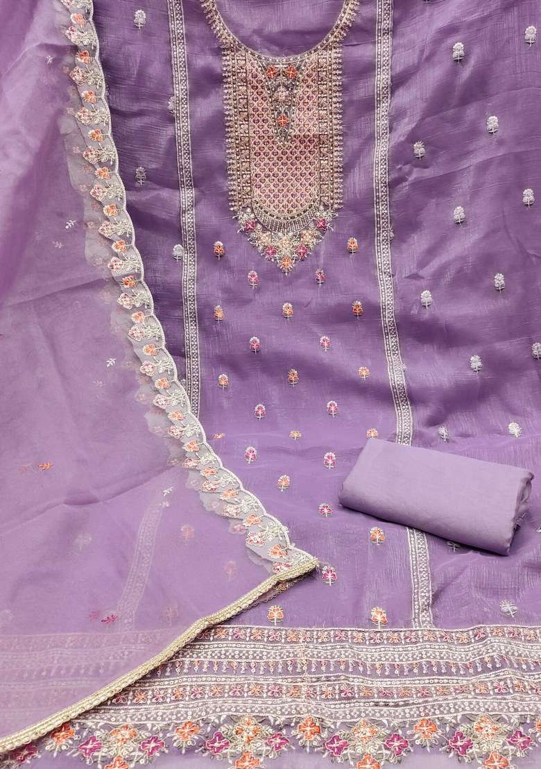 Purple Embroidered Viscose Dress Material - Indya