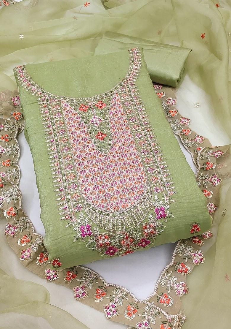 Light Green Embroidered Viscose Dress Material