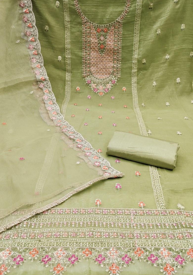 Light Green Embroidered Viscose Dress Material