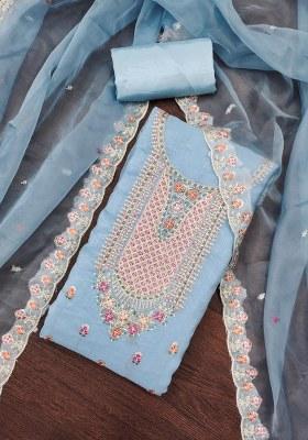 Sea Green Embroidered Viscose Dress Material