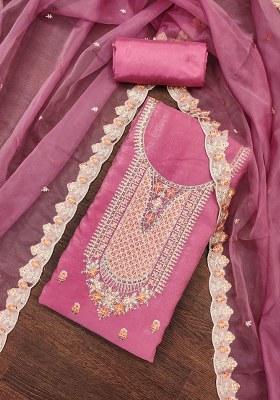 Pink Embroidered Viscose Dress Material