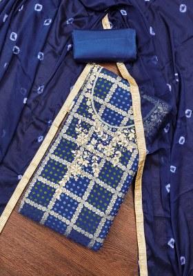 Blue Embroidered Cotton Blend Dress Material