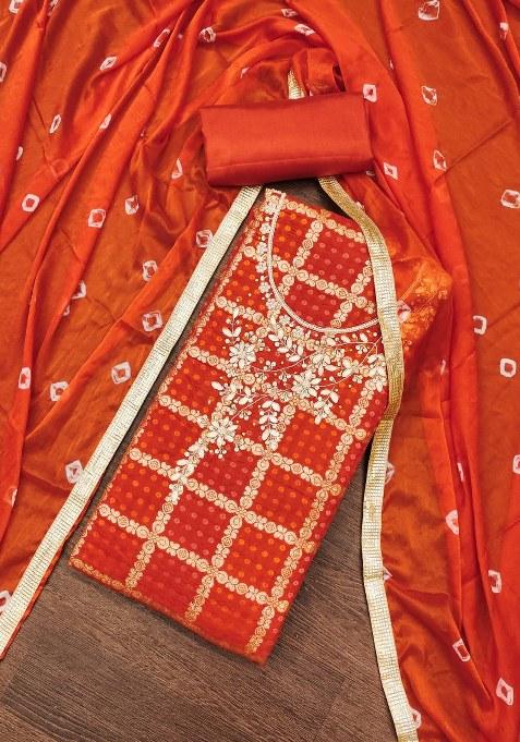 Orange Embroidered Cotton Blend Dress Material