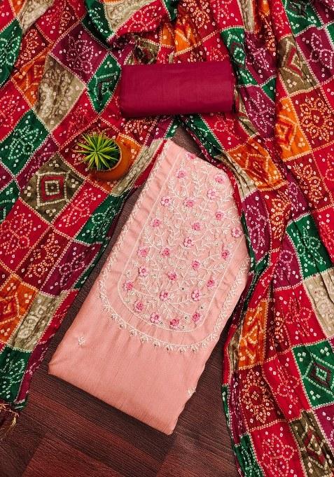 Pink Embroidered Blended Straight Kurta Set