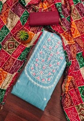 Sky Blue Embroidered Cotton Blend Dress Material