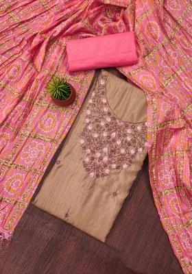 Beige Embroidered Cotton Blend Dress Material