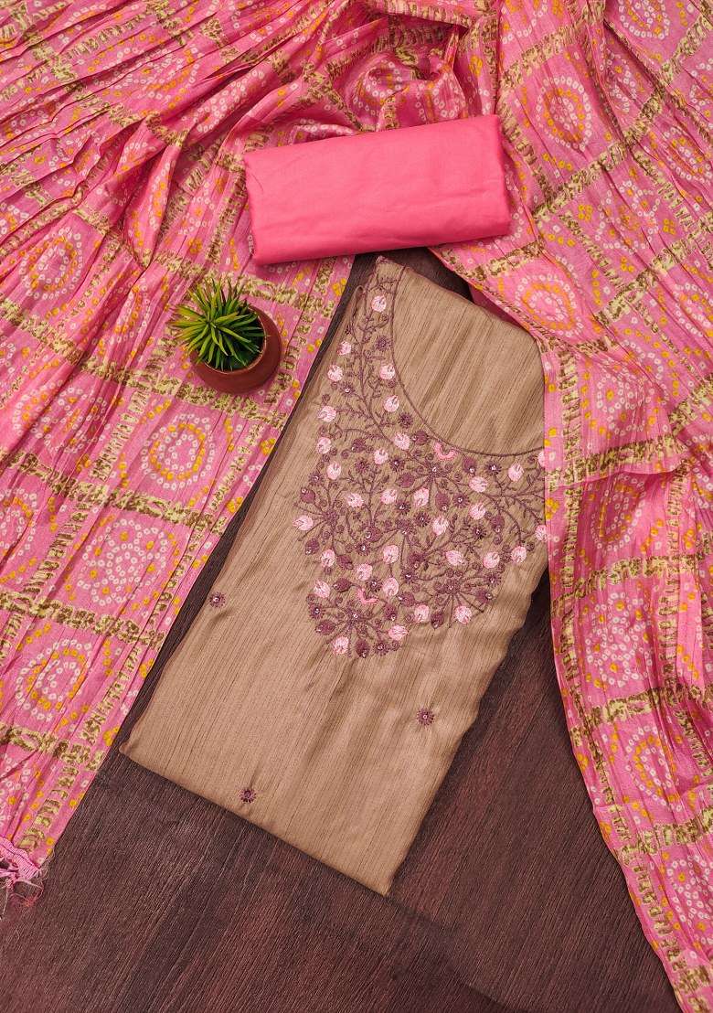 Beige Embroidered Blended Straight Kurta Set - Indya