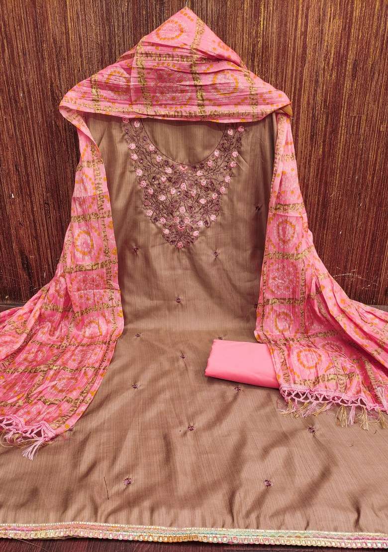 Beige Embroidered Blended Straight Kurta Set - Indya