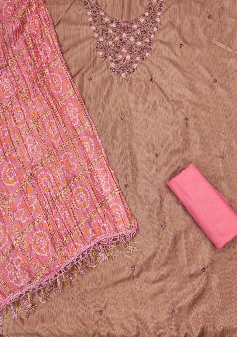 Beige Embroidered Blended Straight Kurta Set - Indya