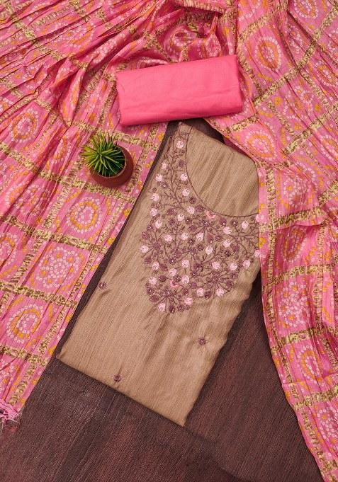 Beige Embroidered Cotton Blend Dress Material