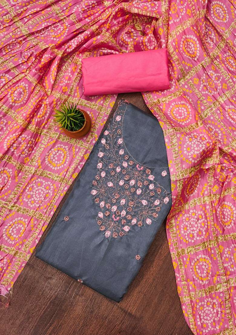 Grey Bandhani Blended Punjabi Suit - Indya