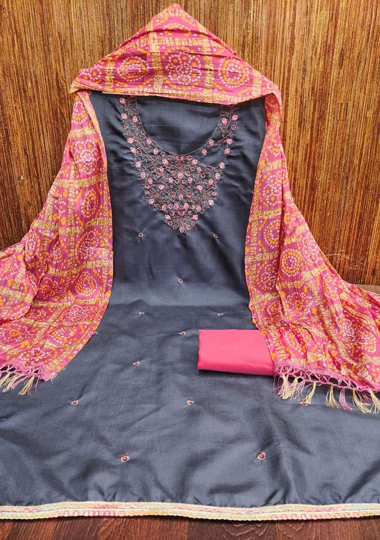 Grey Bandhani Blended Punjabi Suit - Indya