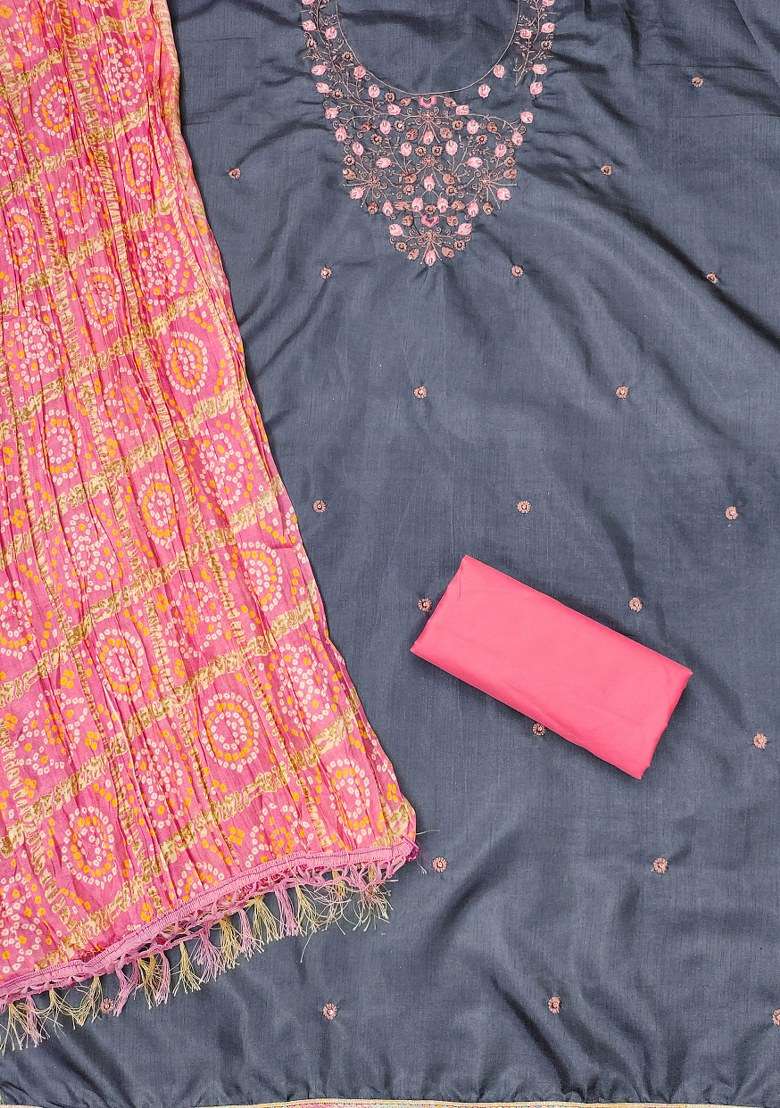 Grey Bandhani Blended Punjabi Suit - Indya