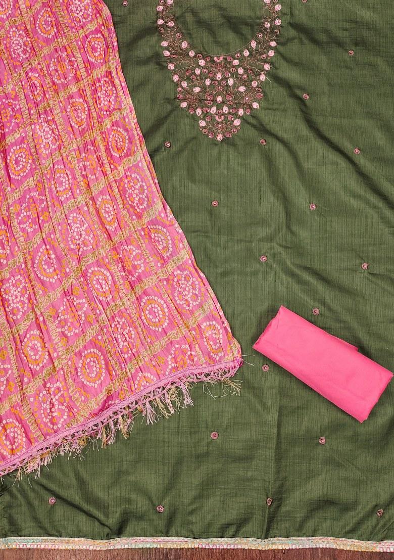 Light Green Embroidered Cotton Blend Dress Material