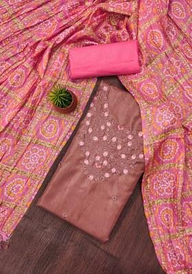 Rust Embroidered Cotton Blend Dress Material