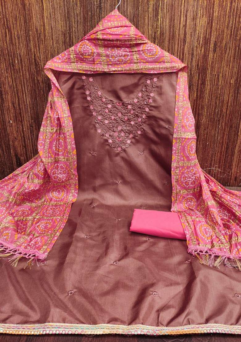 Rust Embroidered Blended Straight Kurta Set - Indya
