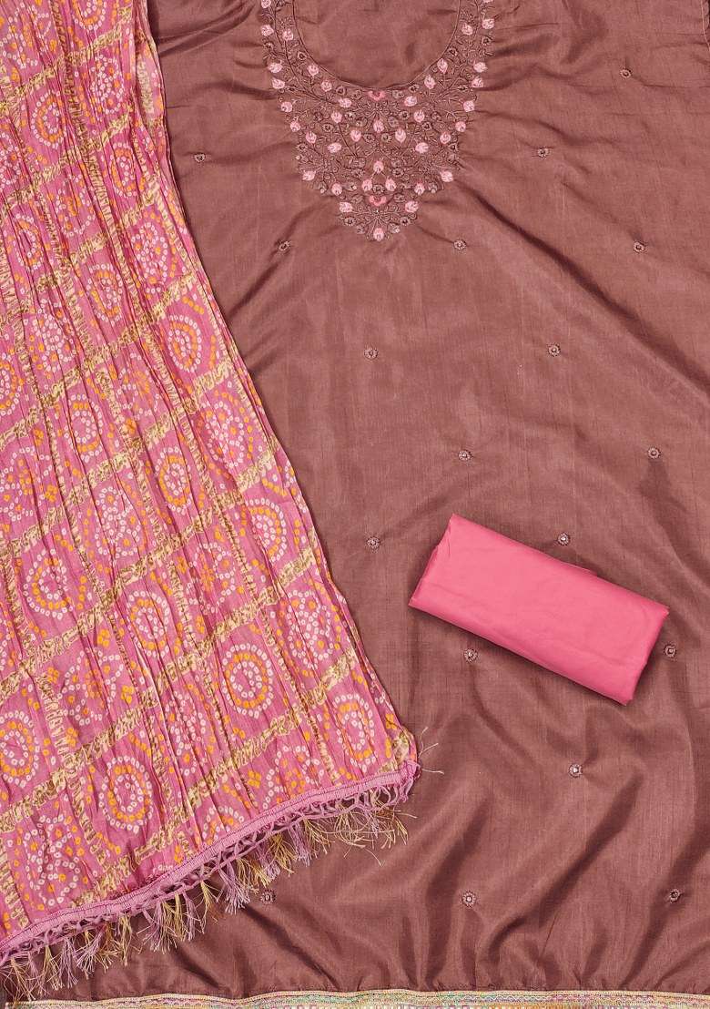 Rust Embroidered Blended Straight Kurta Set - Indya