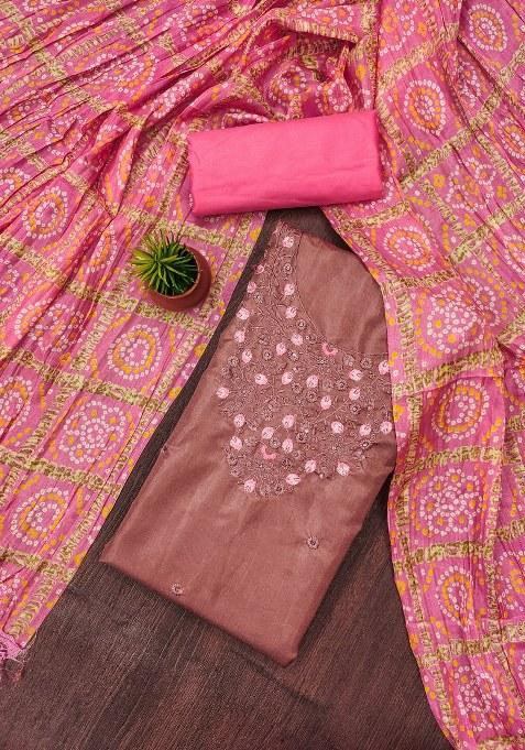 Rust Embroidered Cotton Blend Dress Material