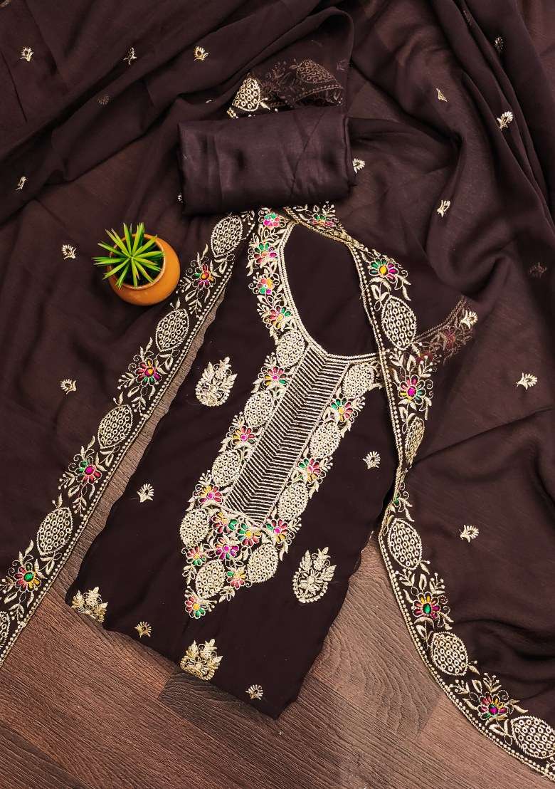 Brown Embroidered Georgette Straight Kurta Set - Indya