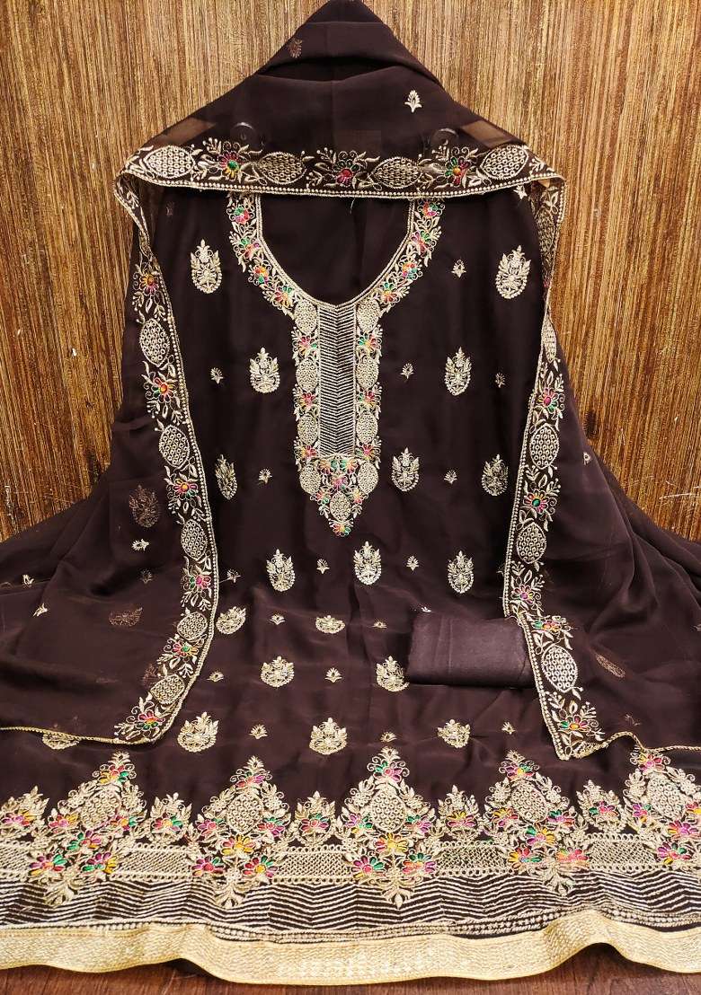 Brown Embroidered Georgette Straight Kurta Set - Indya