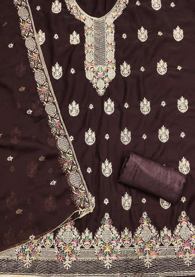 Brown Embroidered Georgette Straight Kurta Set - Indya