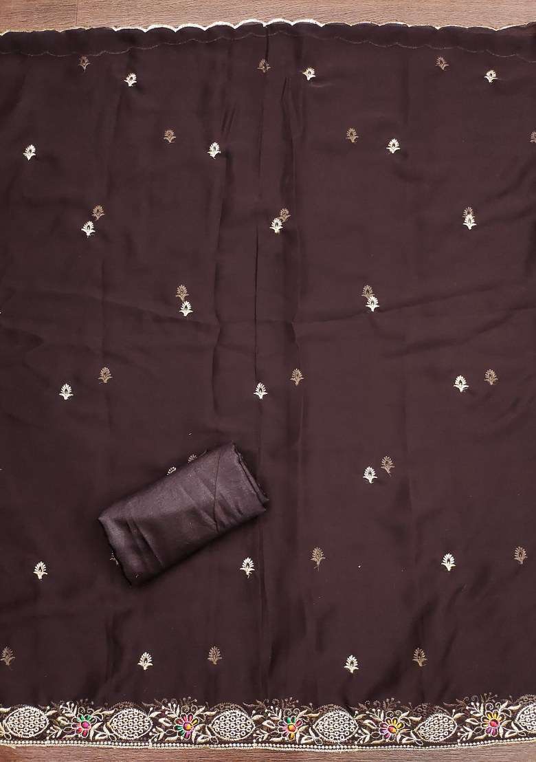 Brown Embroidered Georgette Straight Kurta Set - Indya