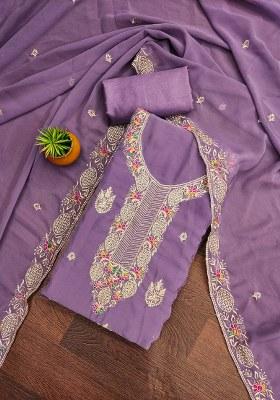 Lavender Embroidered Georgette Dress Material