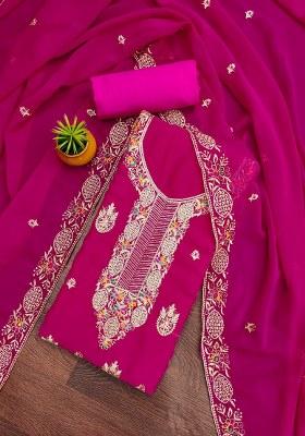 Pink Embroidered Georgette Dress Material