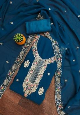 Teal Blue Embroidered Georgette Dress Material