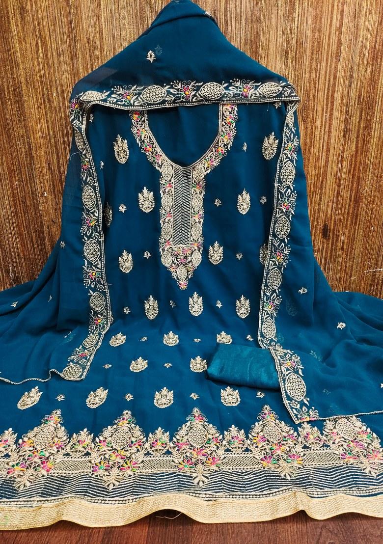 Teal Blue Embroidered Georgette Dress Material
