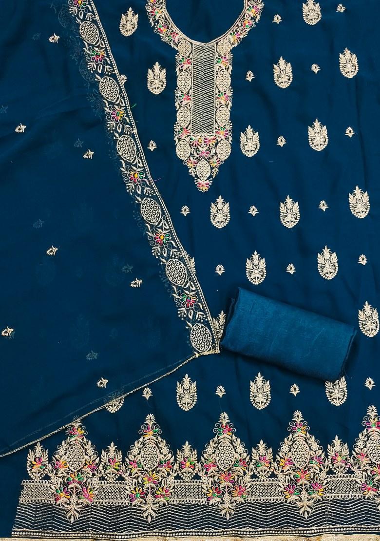 Teal Blue Embroidered Georgette Dress Material