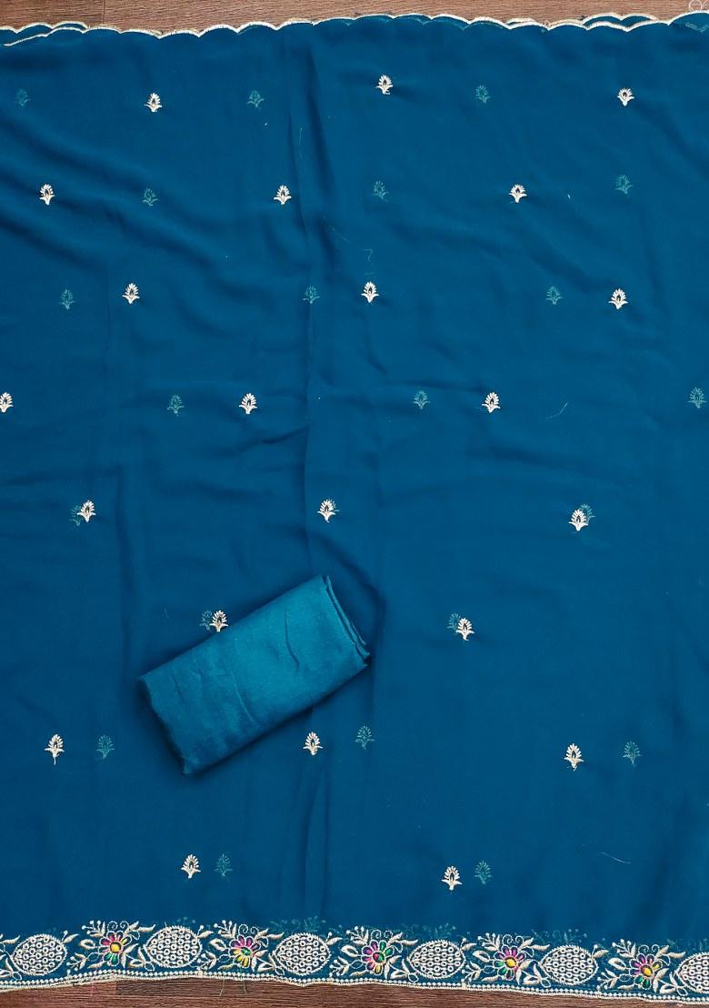 Teal Blue Embroidered Georgette Dress Material